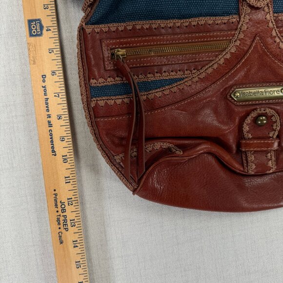 Isabella Fiore Boho Leather Canvas Satchel Brown Blue Whipstitch Crossbody - Picture 12 of 15